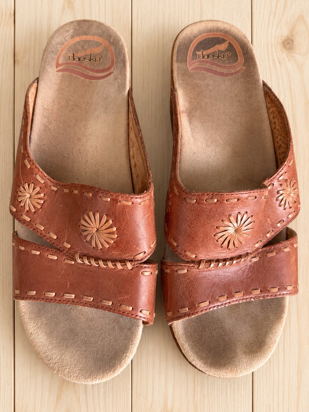 Dansko Brown Leather Floral Wedge Slide Sandals EU 38 Comfort Shoes